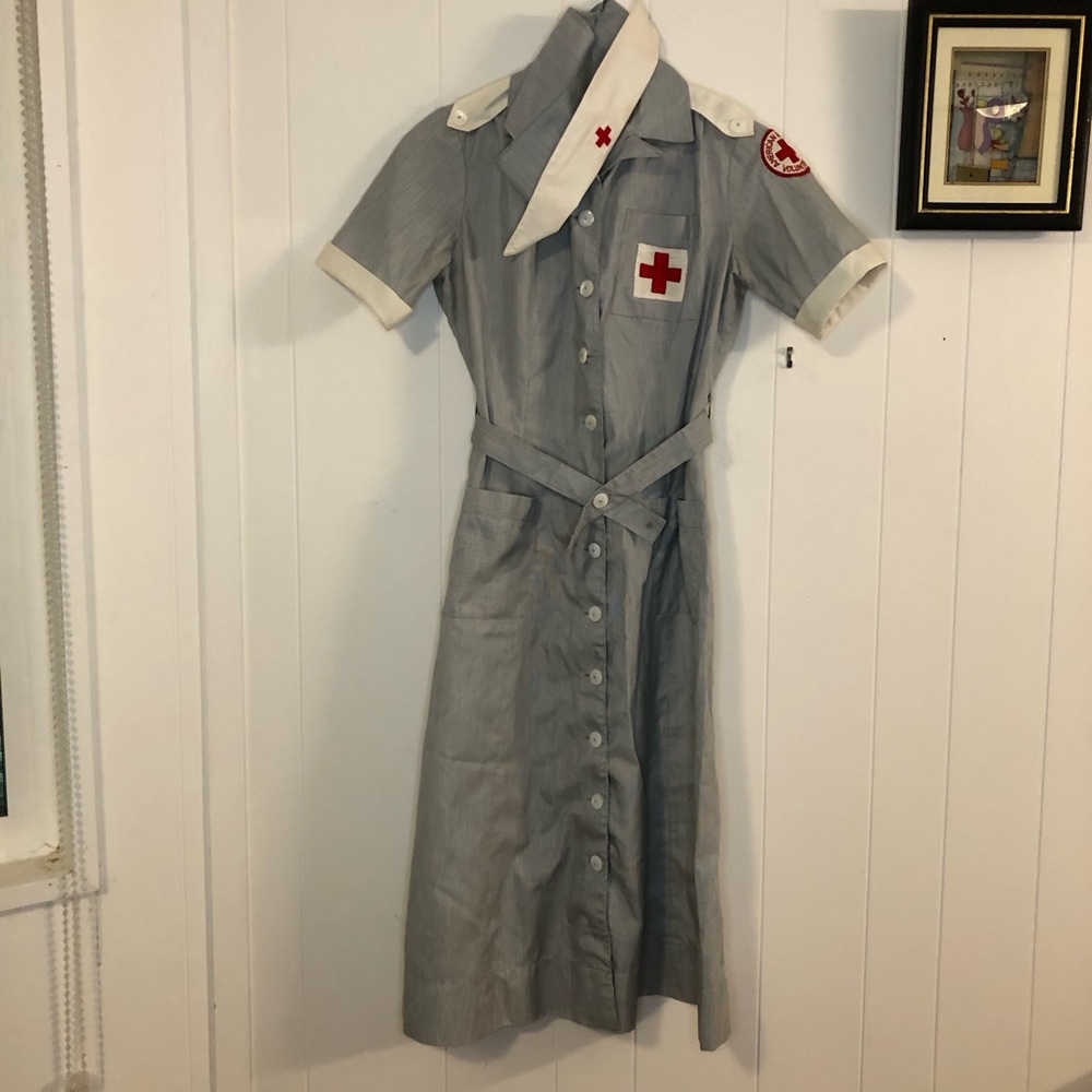 Classic Grey Long-Sleeve Nurse Shirt Dress with Red Cross Detail
